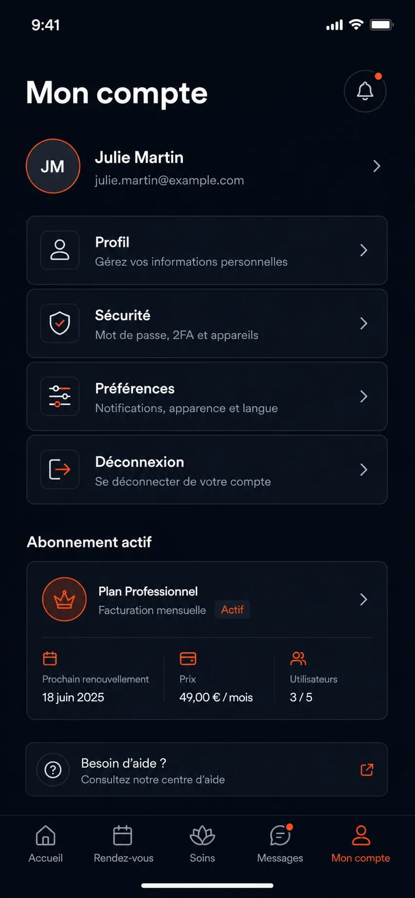 Écran mobile sombre de compte utilisateur